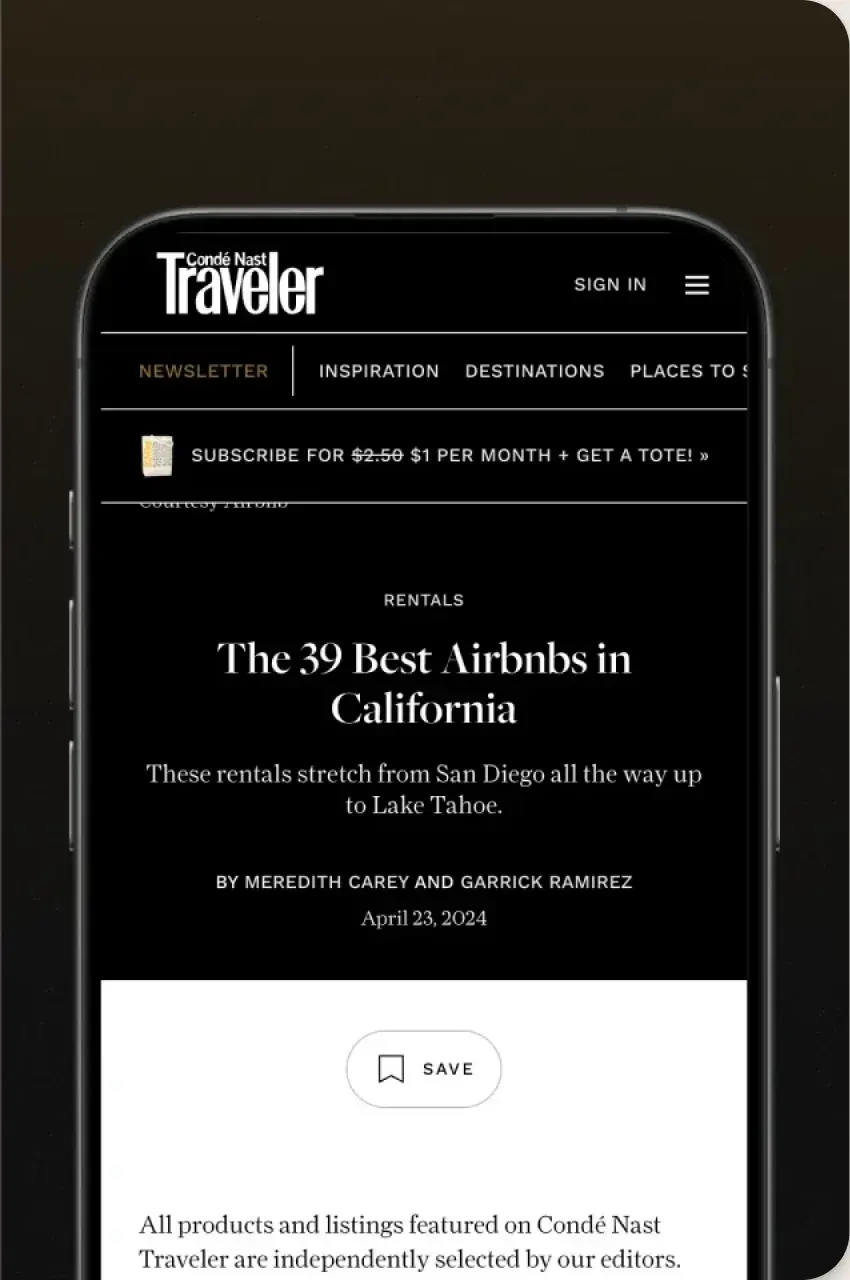 Condé Nast Traveler feature: The Best Airbnbs in California